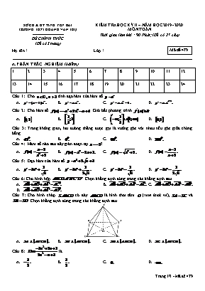 Đề kiểm tra học kỳ II môn Toán Lớp 11 - Mã đề 479 - Năm học 2019-2020 - Trường THPT Hoàng Văn Thụ